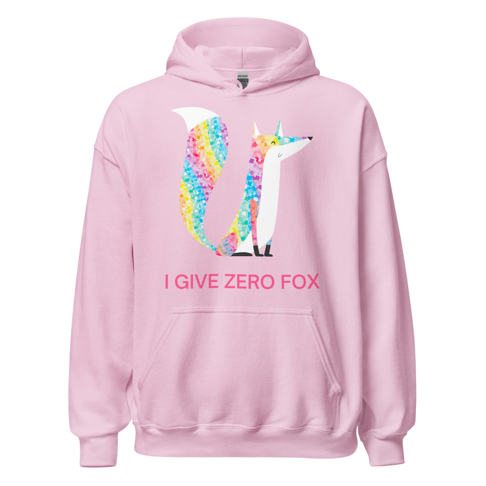 Light pink unisex hoodie with a rainbow sequin cartoon fox and bold “I GIVE ZERO FOX” text