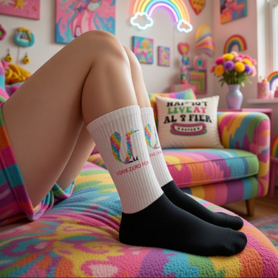 I Give Zero Fox Glitter Socks on bare legs, lounging on a rainbow couch in a queer, flower-filled, pride-packed rainbow room.