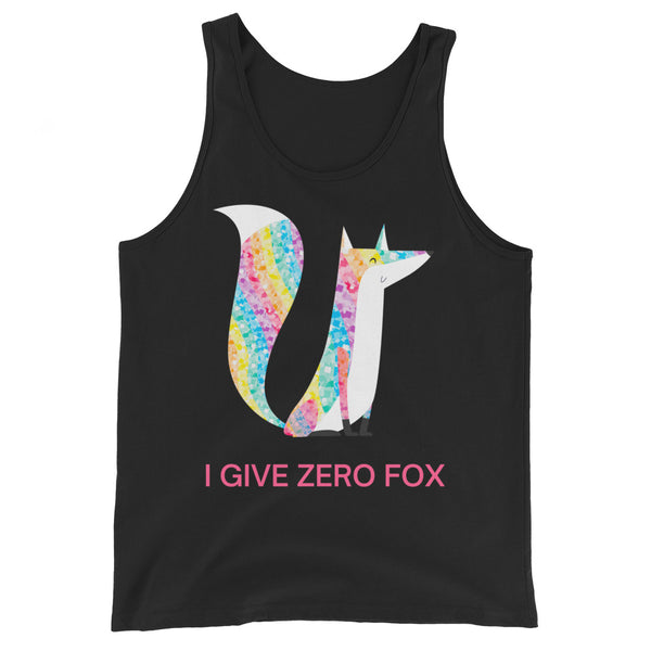 Black tank top with a colorful fox graphic and pink “I GIVE ZERO FOX” text