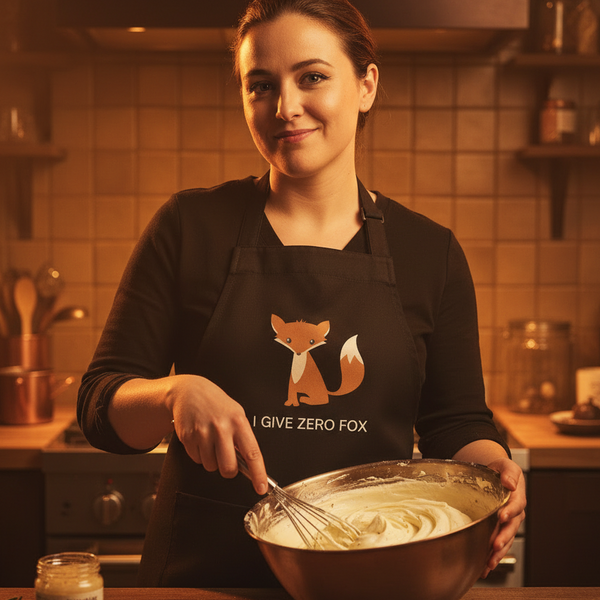 Person whisking batter in a kitchen wears a black apron with a fox and “I GIVE ZERO FOX” text