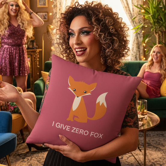 Curly-haired person holds an "I Give Zero Fox Pillow" with a cartoon fox; two friends in sparkly dresses laugh