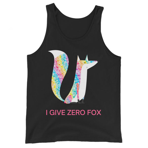 Unisex tank top with a pastel rainbow fox and bold pink 
