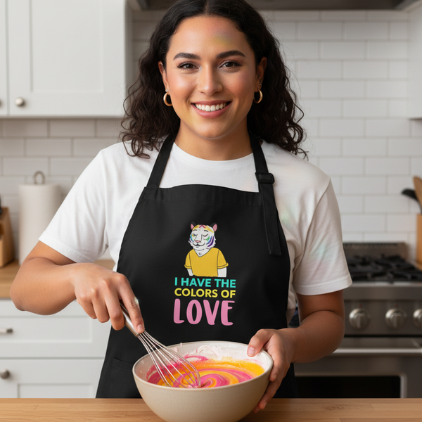 Person wearing a black apron reading “I HAVE THE COLORS OF LOVE” while whisking pink batter