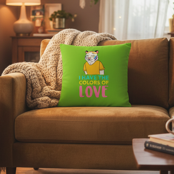 Green cushion with a smiling illustrated tiger in an orange shirt and “I HAVE THE COLORS OF LOVE” in rainbow letters