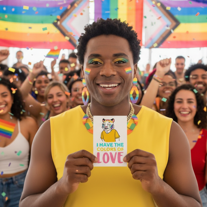 I Have The Color Of Love postcard with a rainbow-striped tiger held by a person at Pride