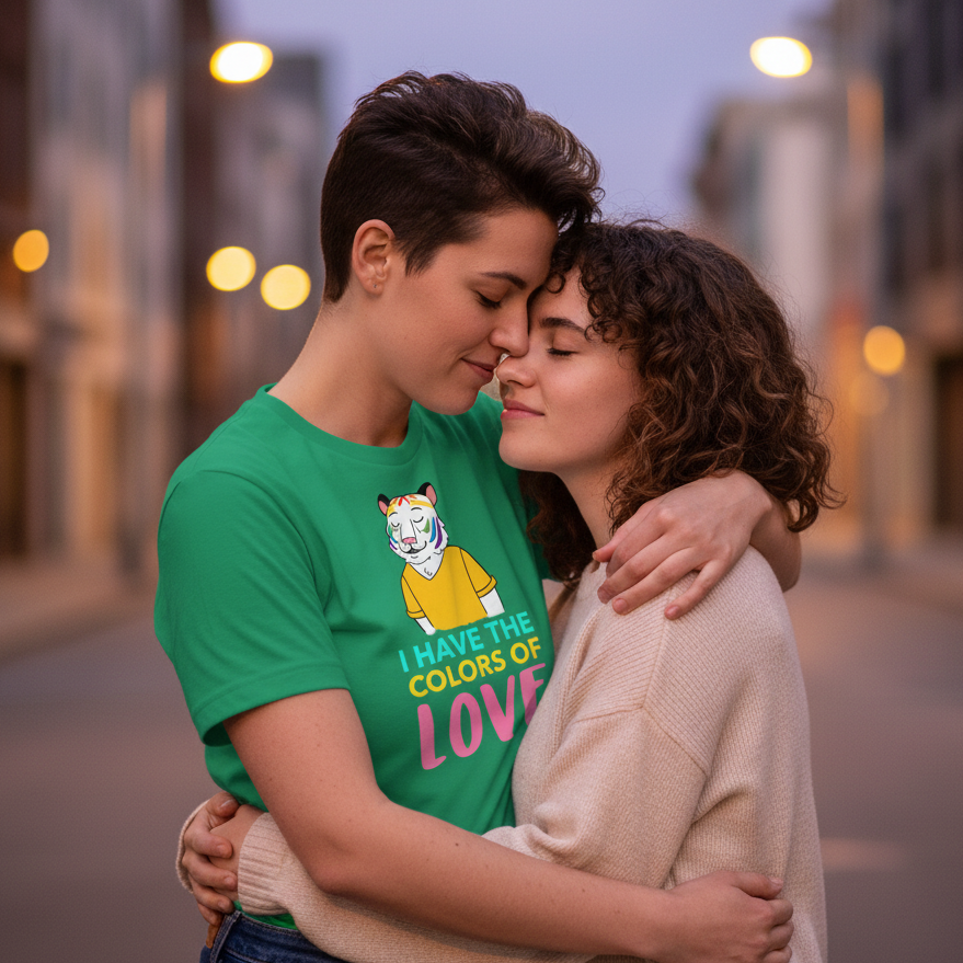 Unisex "I Have the Color of Love" tee with cartoon tiger on woman as she and her partner, both short-haired, hug at dusk.