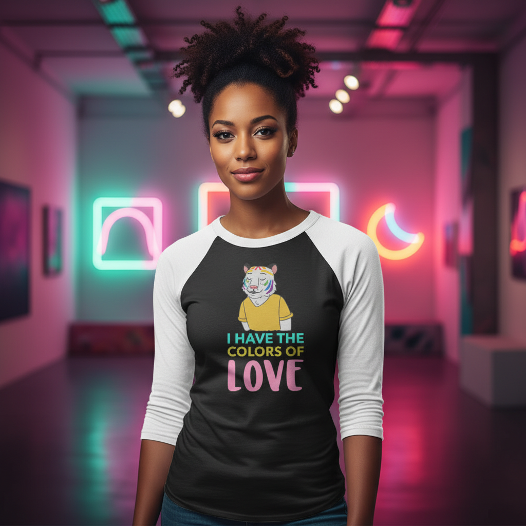 3/4 Sleeve Raglan shirt reads “I Have The Colors Of Love” with a rainbow-maned lion, worn by a person in neon-lit gallery