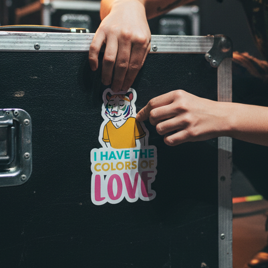 Bubble-free "I Have The Colors Of Love" sticker—white tiger in a yellow tee, rainbow-pink text