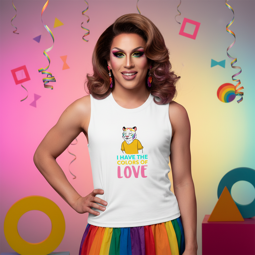 Muscle top with “I Have The Colors Of Love,” rainbow tiger art, on person in bright makeup