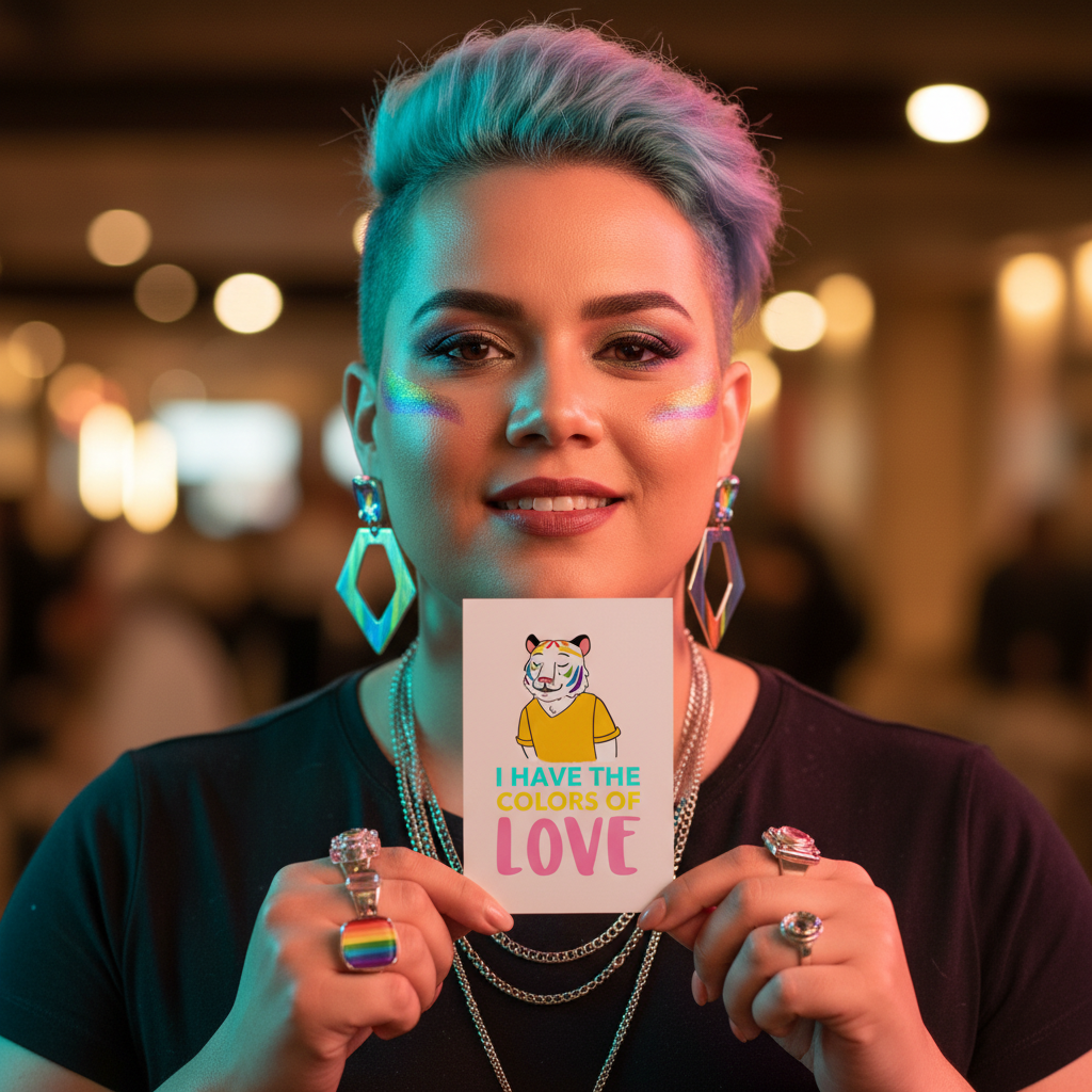 “I Have The Colors Of Love” postcard with cartoon art held by a person in rainbow makeup, colorful short hair