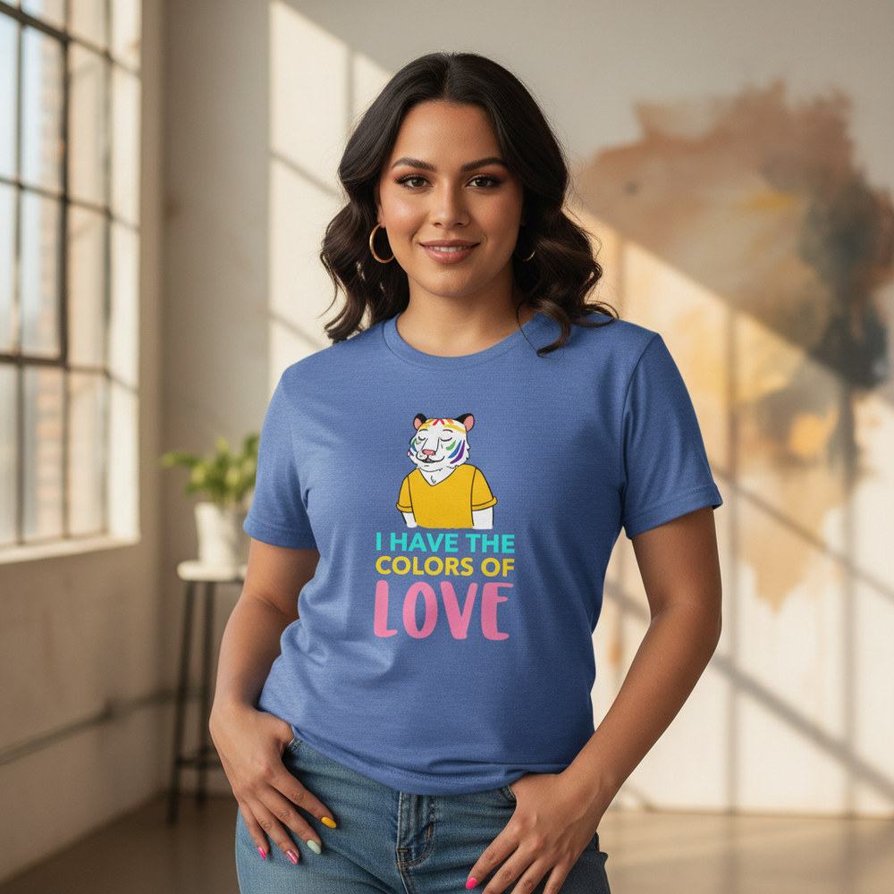 I Have The Colors Of Love T-shirt, soft cotton with a bold, colorful cartoon tiger and text
