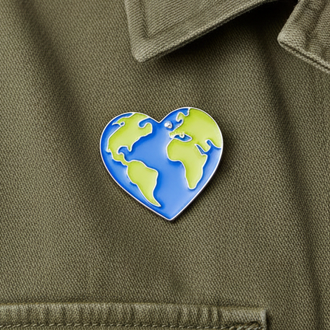 Heart-shaped enamel pin showing blue oceans and green continents on olive fabric