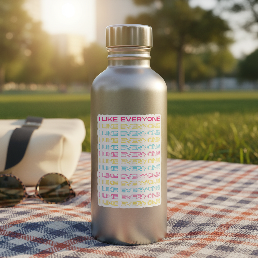 “I Like Everyone Bubble-Free Sticker” in bright vinyl pops on a silver water bottle atop a plaid picnic blanket in the sun