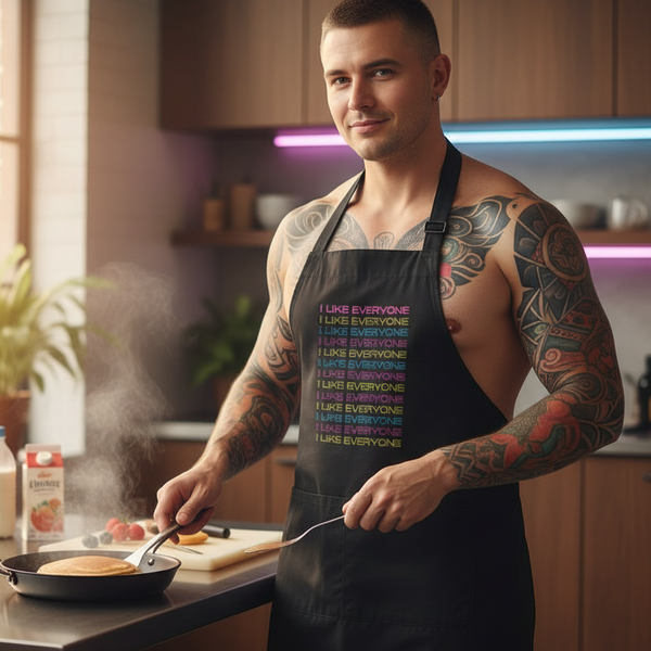 Tattooed person cooking pancakes in a black apron reading “I LIKE EVERYONE” in rainbow-colored lines