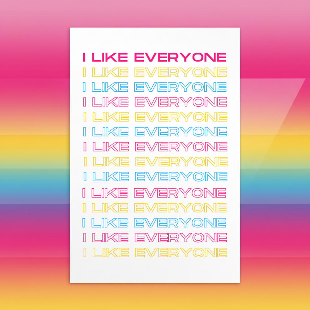 Postcard with “I LIKE EVERYONE” twelve times in bold outlined letters, alternating yellow, red, pink