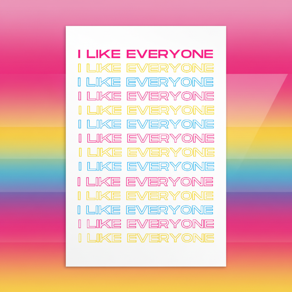 Postcard with “I LIKE EVERYONE” twelve times in bold outlined letters, alternating yellow, red, pink