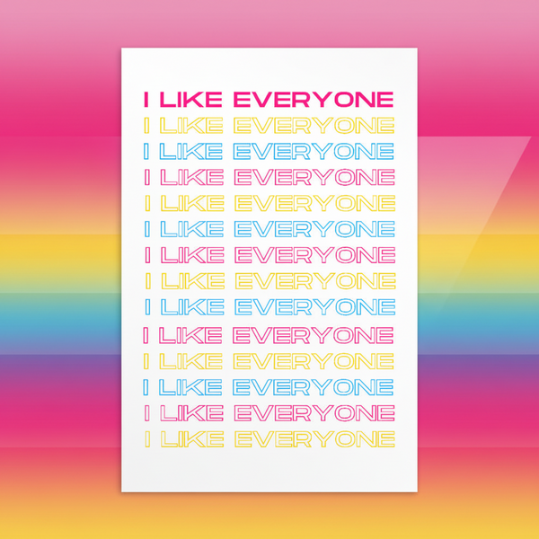 Postcard with “I LIKE EVERYONE” twelve times in bold outlined letters, alternating yellow, red, pink