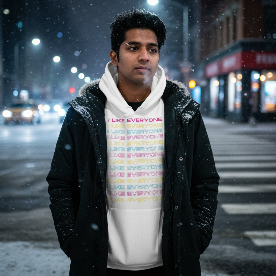Person wearing a white hoodie reading “I LIKE EVERYONE” in pastel rows on a snowy city street