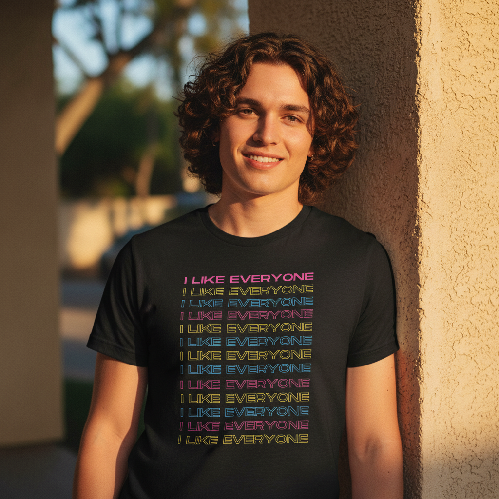 Unisex tee with colorful, stacked "I LIKE EVERYONE" slogan; young curly-haired person grins against a sunlit wall outdoors.