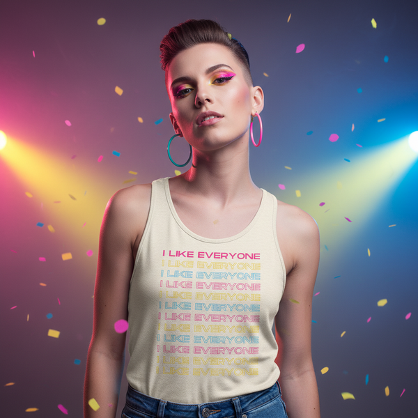 I Like Everyone unisex tank top with vibrant rainbow lettering, worn by a model with pink eye makeup, hoop earrings