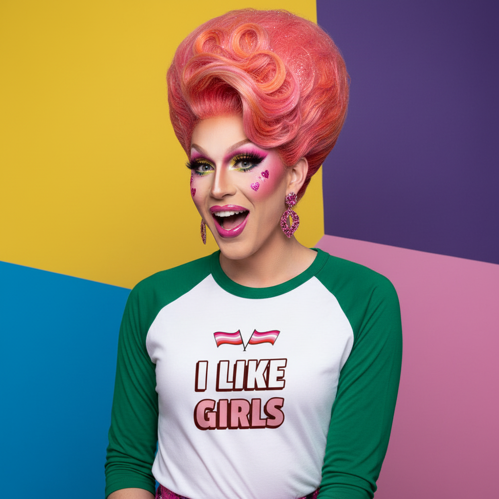 I Like Girls 3/4 sleeve raglan tee on a drag queen with big pink hair, heart face stickers, and bold makeup