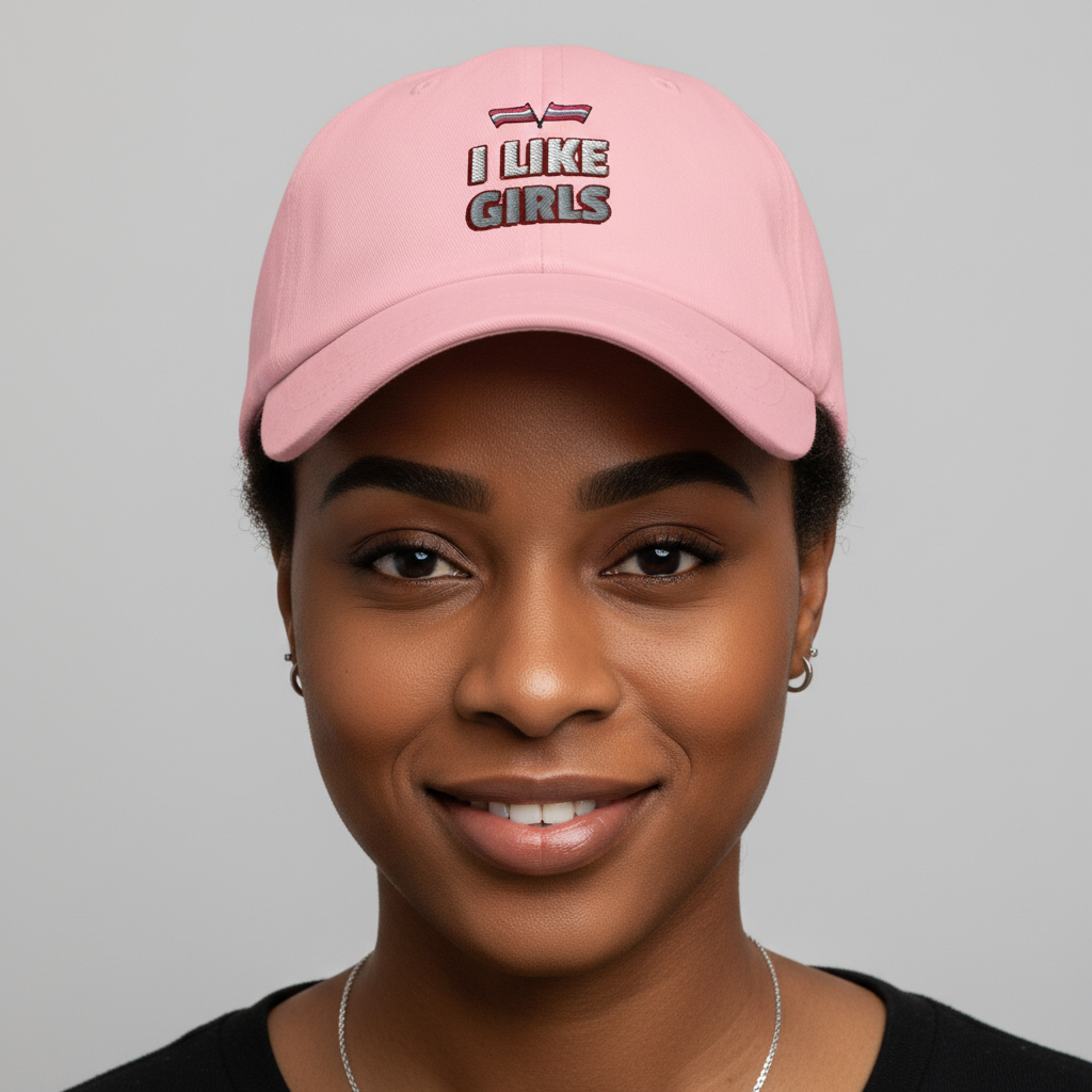 Light pink "I LIKE GIRLS" pride cap with bold, rainbow embroidery worn by a person, shown on a plain gray backdrop