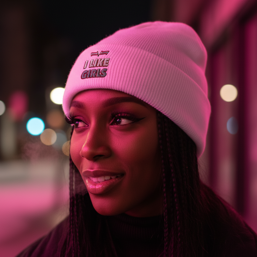 White "I Like Girls" cuffed beanie on woman with long braids, lit by pink and purple streetlights, city night backdrop.