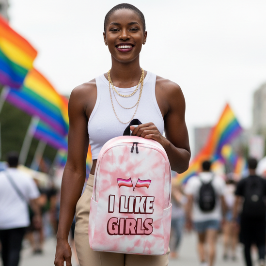 I Like Girls Minimalist Backpack held by a smiling person at Pride, sporting a white tank, gold chains