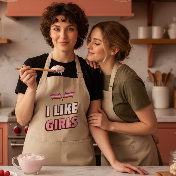 Two people in a kitchen, one wearing a beige apron reading “I LIKE GIRLS” with two striped flags