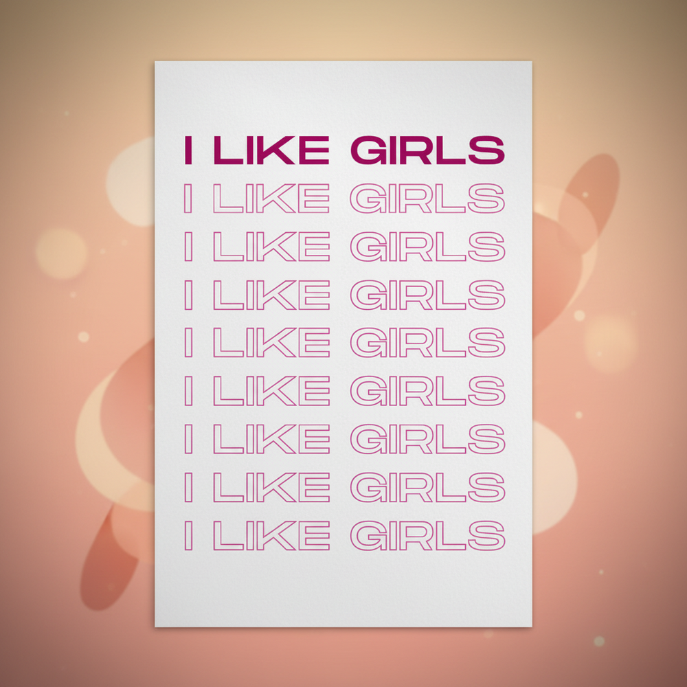 Postcard with “I LIKE GIRLS” nine times on a peach background, bold dark pink top line, pink outlined text
