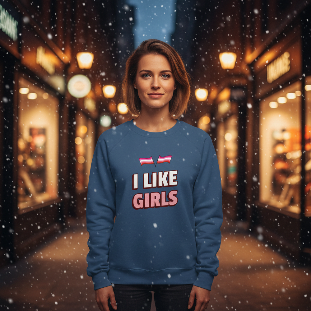 Person wearing a blue sweatshirt reading “I LIKE GIRLS” in a snowy, lit street