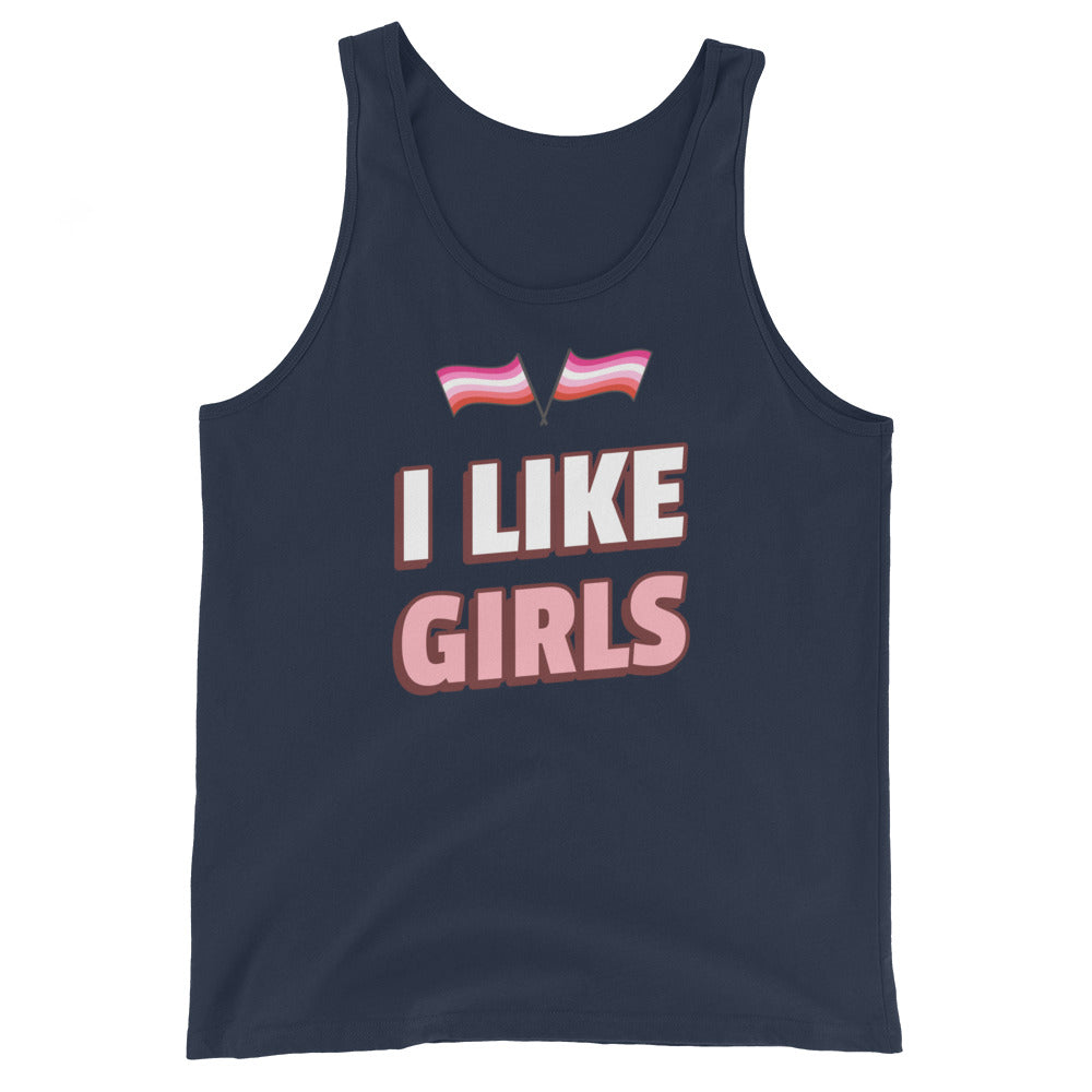 Unisex tank top in navy blue with two lesbian pride flags above bold white and pink "I LIKE GIRLS" text