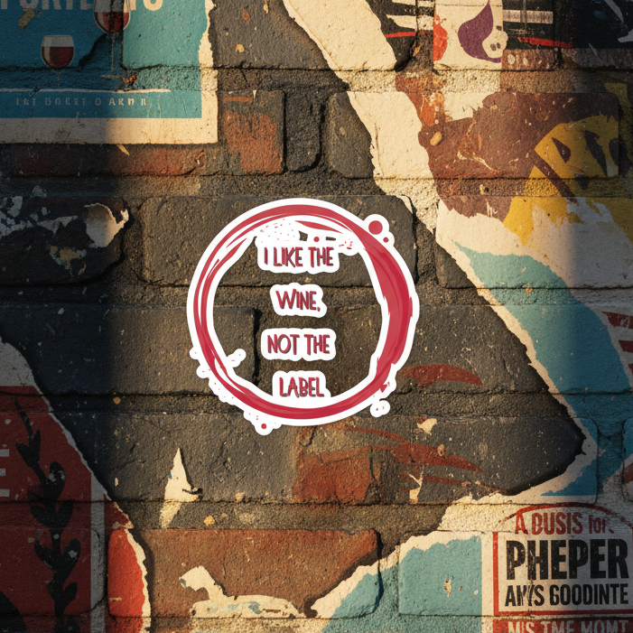 Pansexual “I Like The Wine Not The Label” bubble-free sticker, centered on a brick wall with faded posters, graffiti