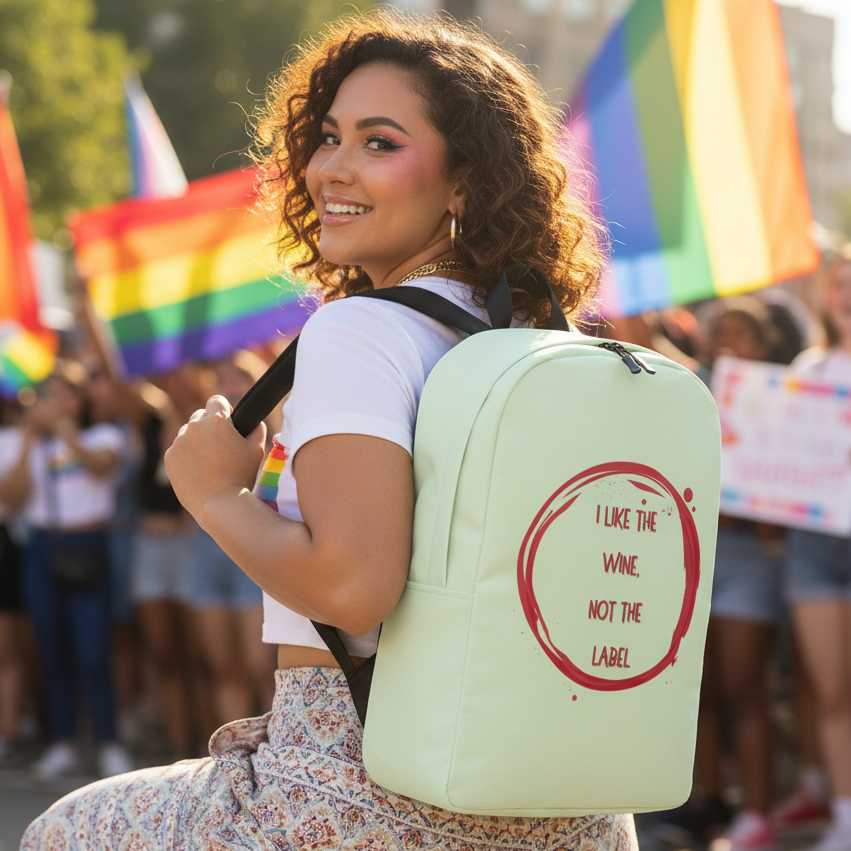 Pansexual minimalist backpack reading "I Like The Wine Not The Label," held by a smiling, curly-haired person at Pride