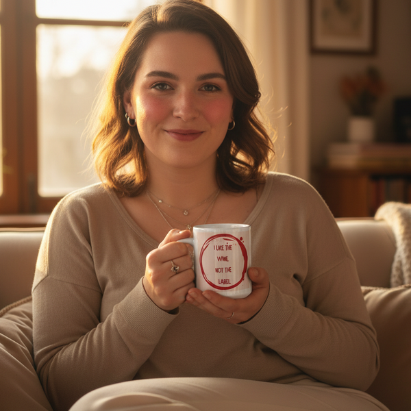 Smiling person holds a white mug reading “I like the wine, not the label”