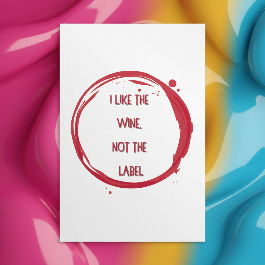 Pansexual postcard with “I Like The Wine Not The Label” in bold red on white