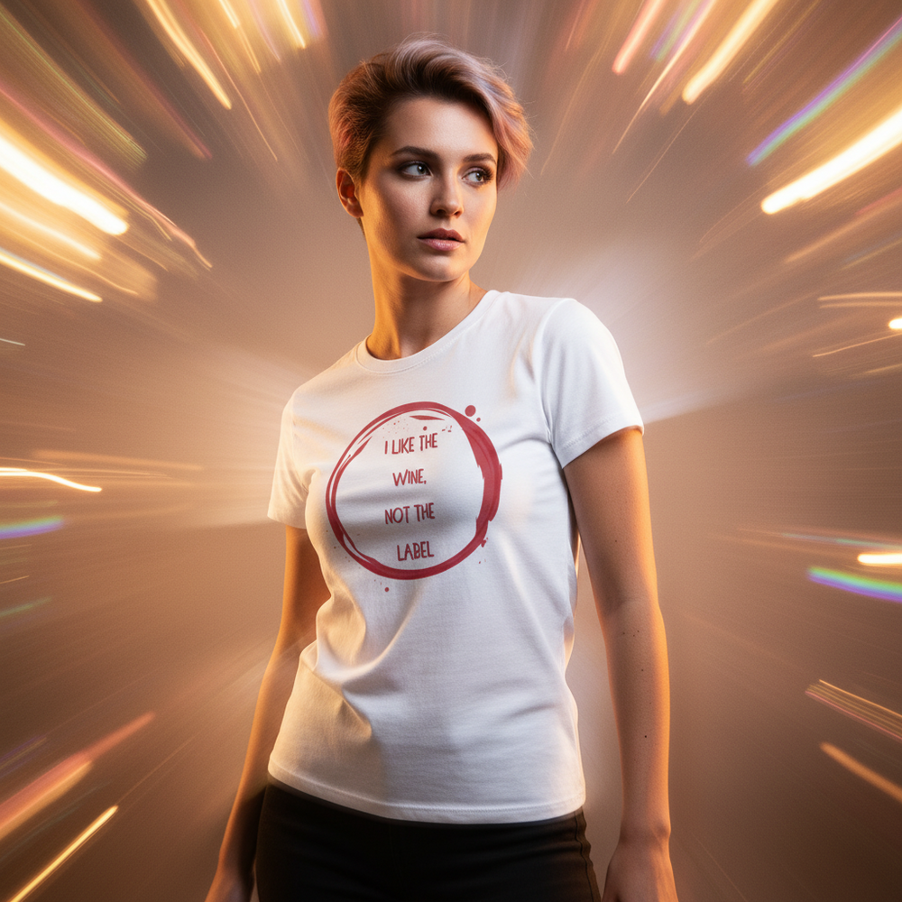 Unisex pansexual pride T-shirt reads "I Like The Wine Not The Label" in a red wine stain circle, with bold