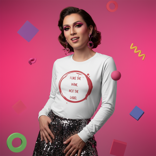 I Like The Wine Not The Label Pansexual unisex long sleeve tee styled with a sparkly black sequin skirt, bold makeup