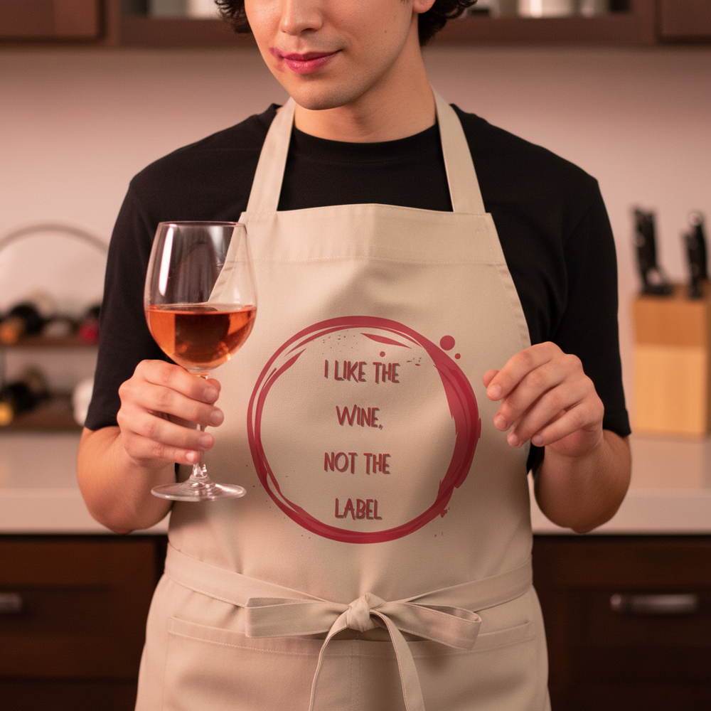 Front view of a person wearing a cream apron reading “I LIKE THE WINE, NOT THE LABEL” while holding rosé