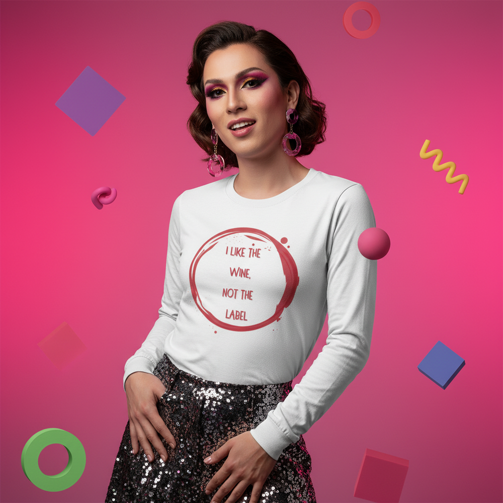 I Like The Wine Not The Label Pansexual unisex long sleeve tee styled with a sparkly black sequin skirt, bold makeup