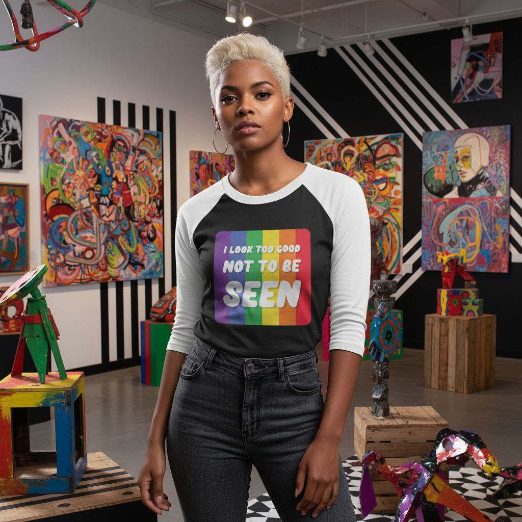 I Look Too Good 3/4 Sleeve Raglan Shirt with vibrant multicolor lettering