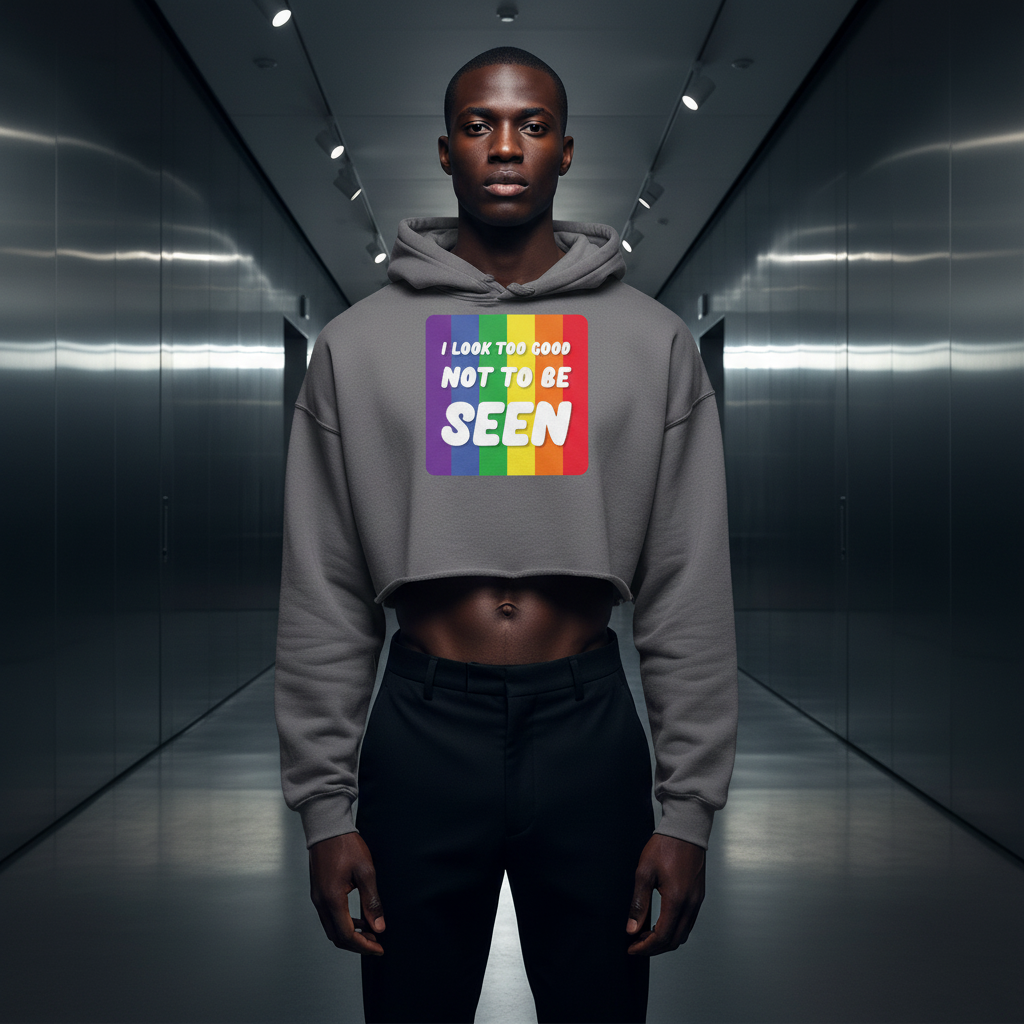 Gray “I Look Too Good Crop Hoodie” with rainbow graphic worn by a person, paired with black trousers; queer pride look
