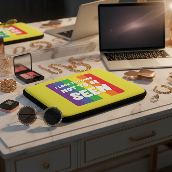 Yellow pride laptop sleeve with a bold rainbow and “I look too good not to be SEEN” sits on a vanity with makeup, jewelry