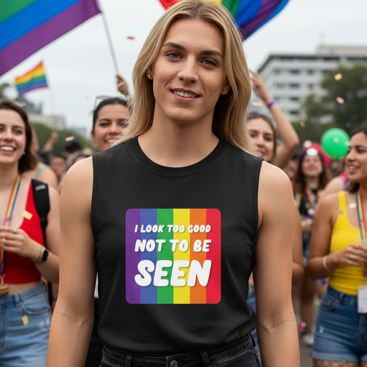 Black "I Look Too Good" muscle top worn by a smiling person at Pride, rainbow background, bold text, pride flags