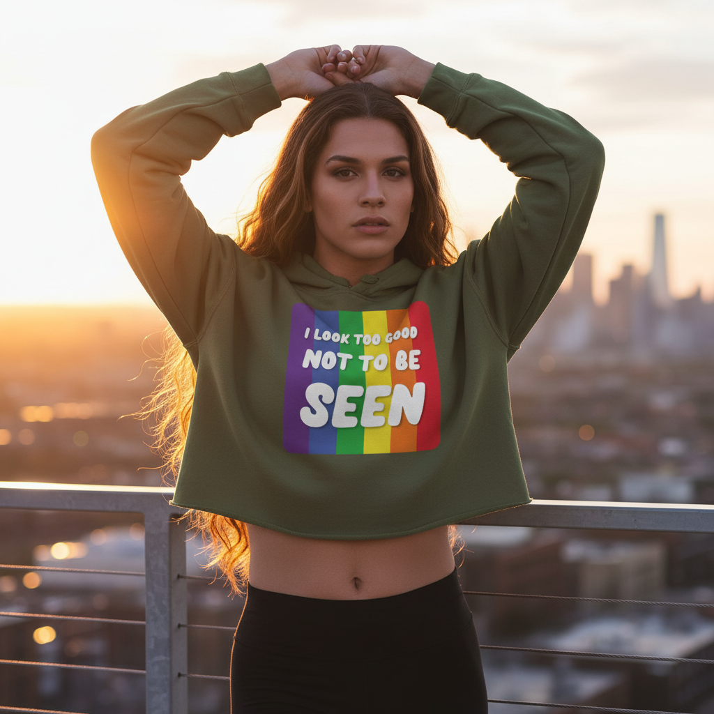 Front-view model wearing an olive cropped hoodie with rainbow stripes and “I LOOK TOO GOOD NOT TO BE SEEN” text