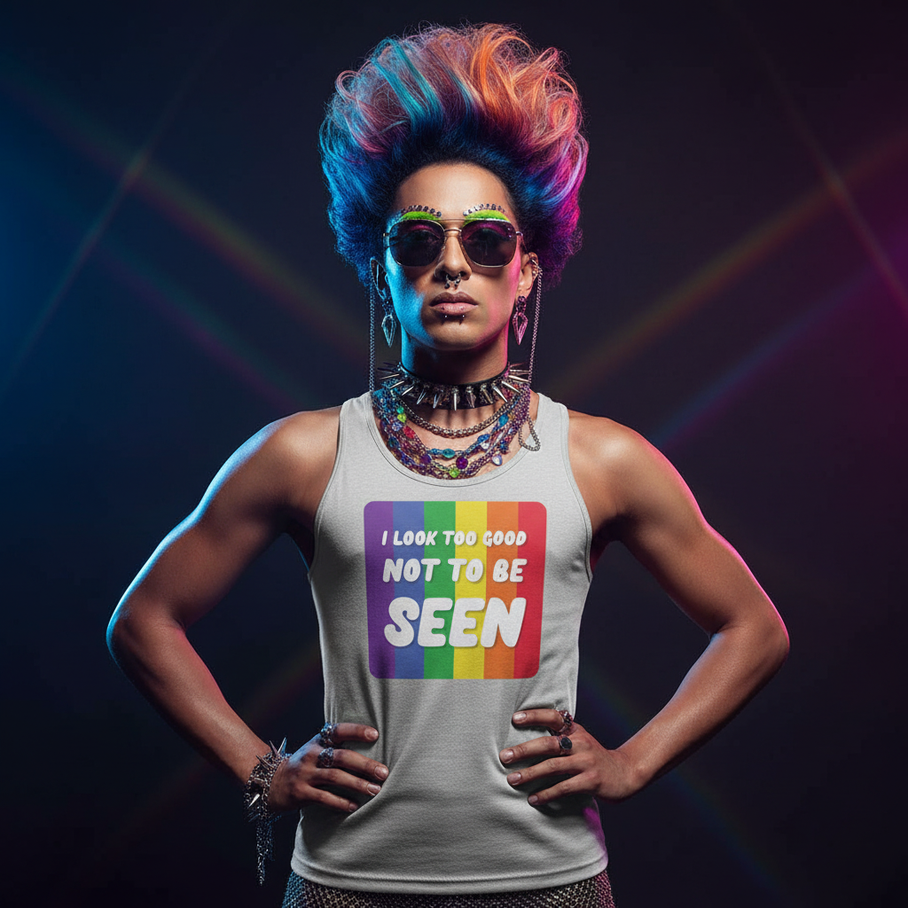 Unisex tank top with "I Look Too Good Not to Be Seen" on a rainbow background; queer person, rainbow hair, bold makeup.