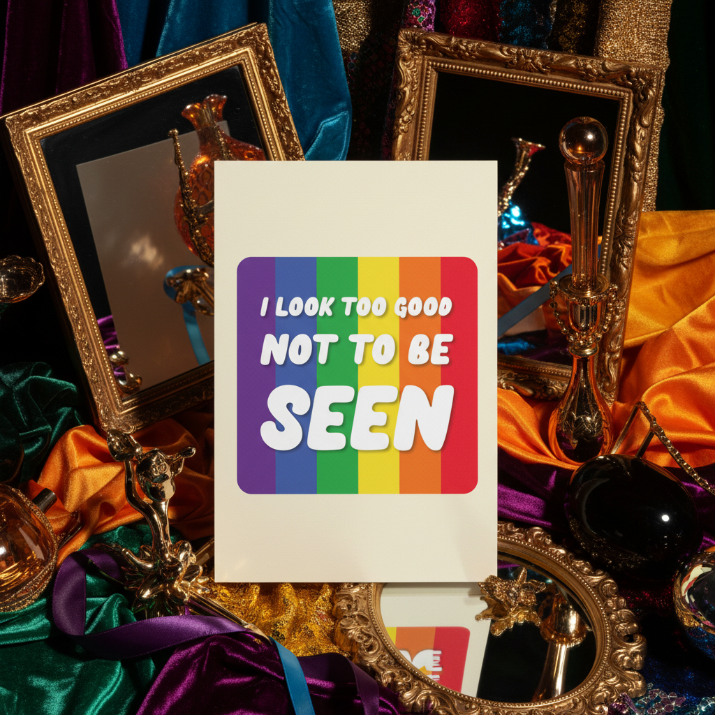 Postcard with a bold rainbow background and “I LOOK TOO GOOD NOT TO BE SEEN.” Queer pride vibes, perfect for visibility.