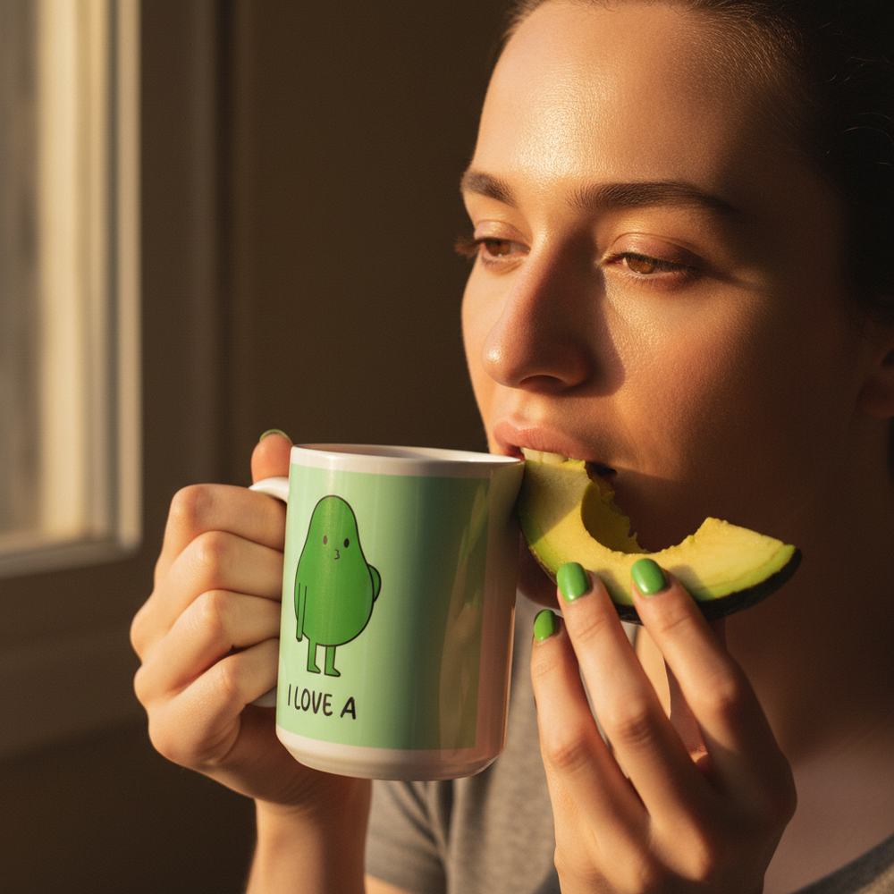 A vibrant person joyfully bites an avocado while holding the playful I Love A Big Hass mug