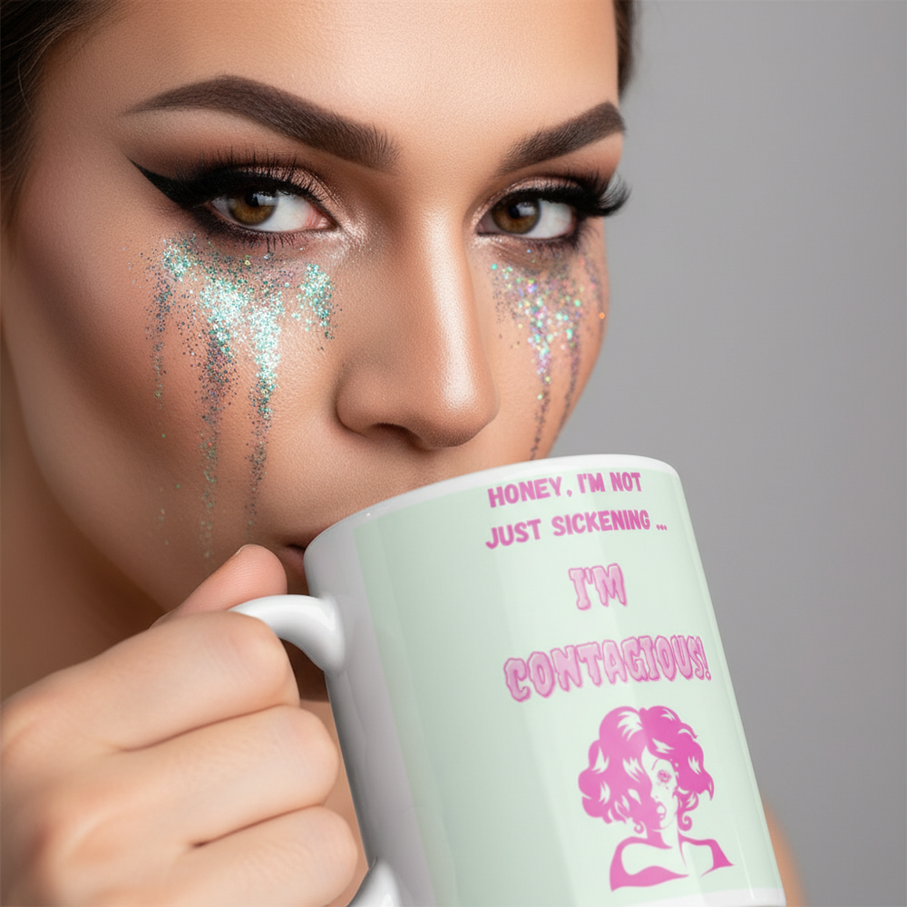 Close-up model holds a pastel mint mug reading “Honey, I’m not just sickening … I’m contagious!”