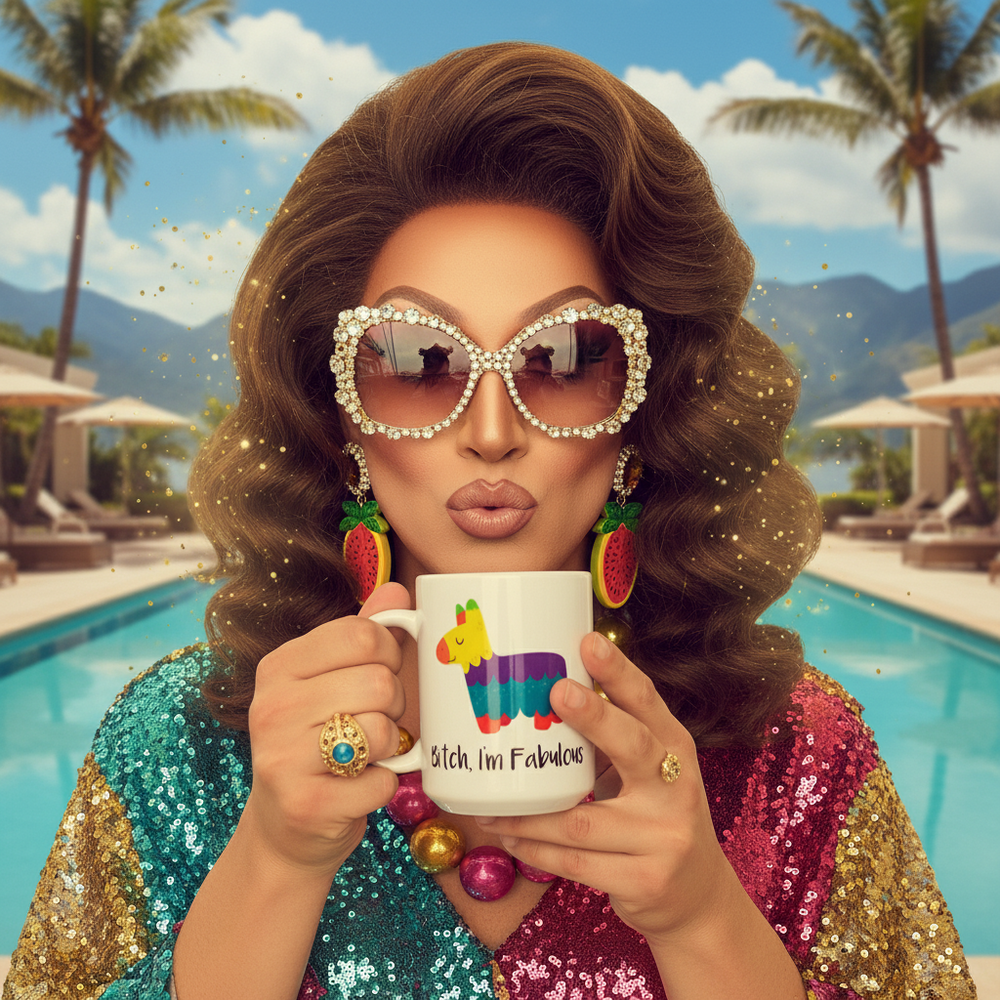 Close-up of a drag-inspired model holding a mug reading “Bitch, I’m Fabulous” with a colorful piñata